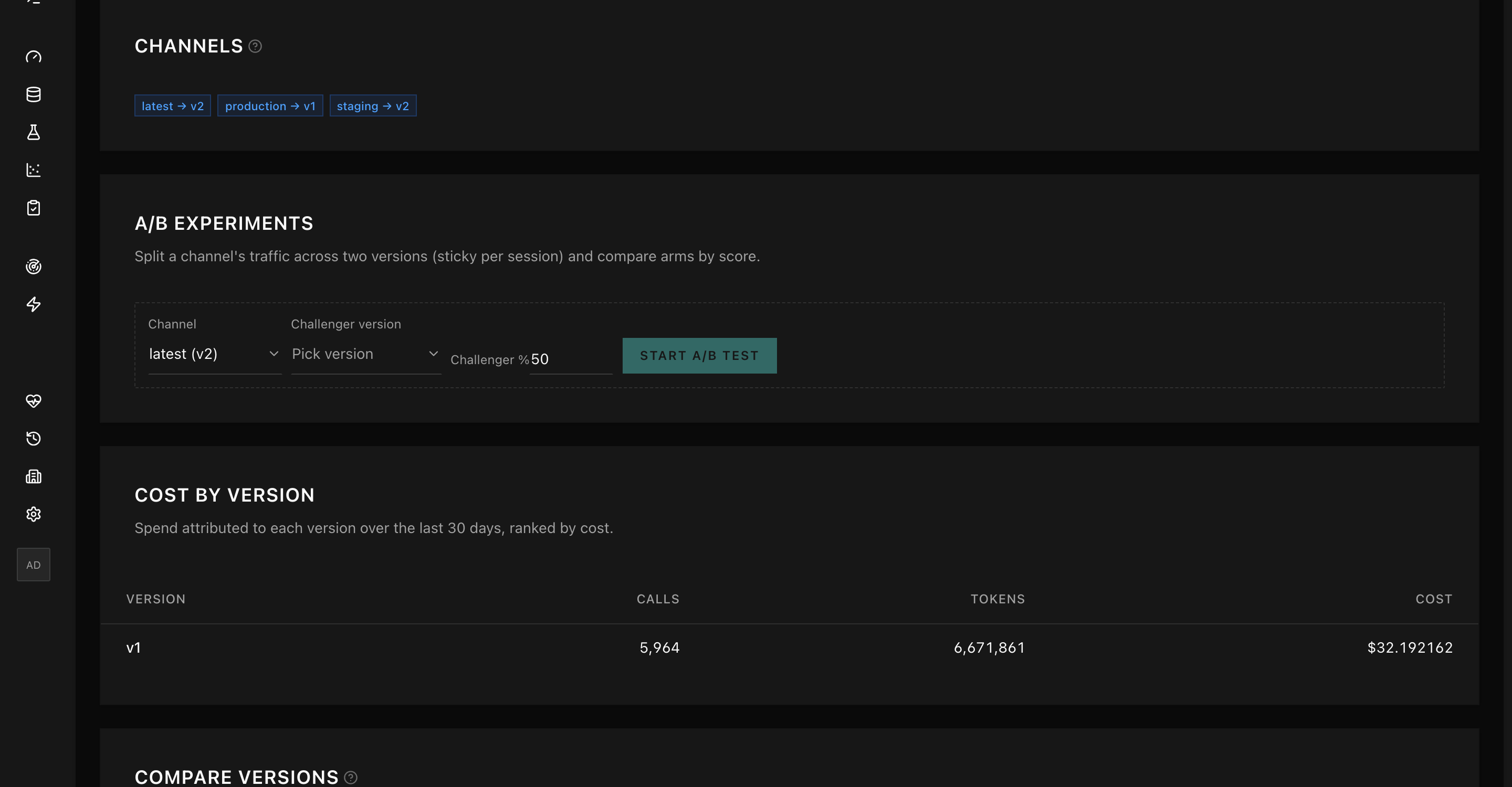 A prompt in the Memoturn console: deployment channels, an A/B experiment form splitting traffic between versions, and cost attributed per version.